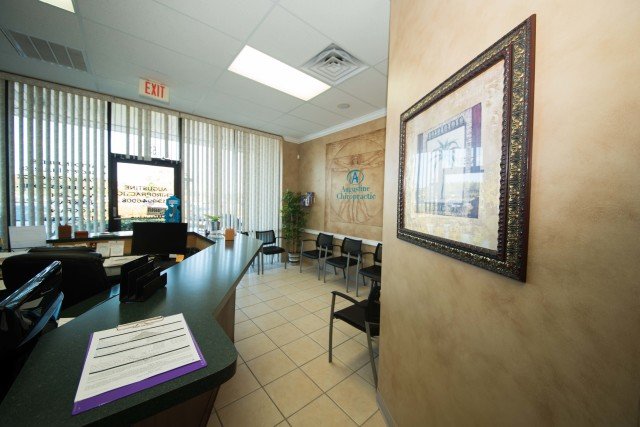 Front Desk Waiting Area View of a front desk and waiting area at Augustine Chiropractic in Wesley Chapel, Florida.