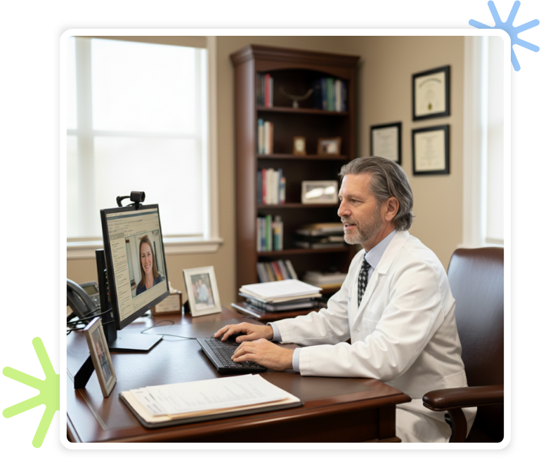 a doctor in a white lab coat sitting at a desk in front of a computer screen conducting a telehealth visit
